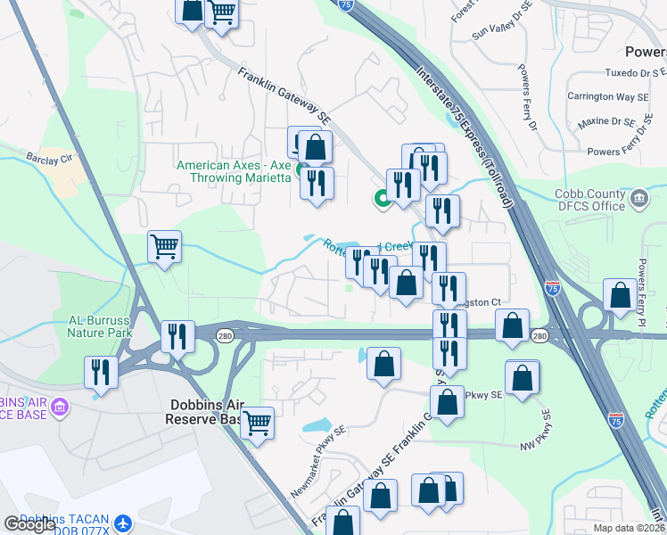 map of restaurants, bars, coffee shops, grocery stores, and more near 1193 Ashborough Drive in Marietta