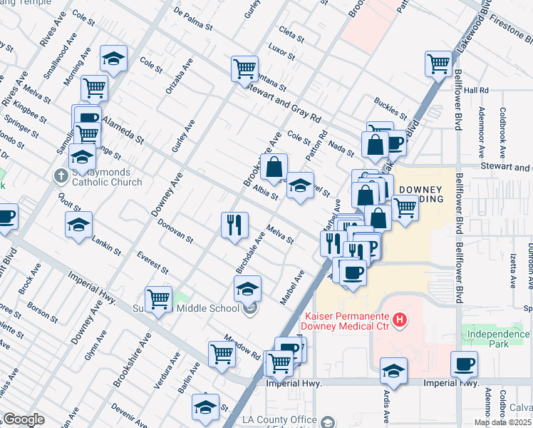 map of restaurants, bars, coffee shops, grocery stores, and more near 8558 Alameda Street in Downey