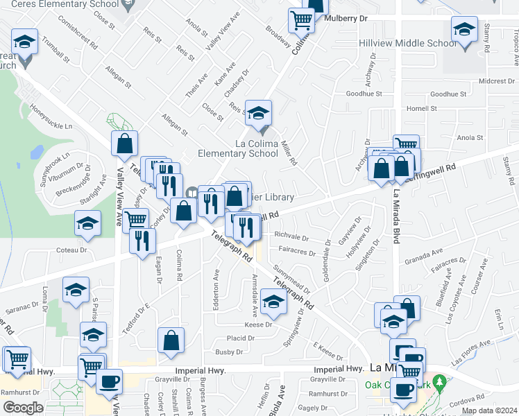 map of restaurants, bars, coffee shops, grocery stores, and more near 11502 Double Eagle Drive in Whittier