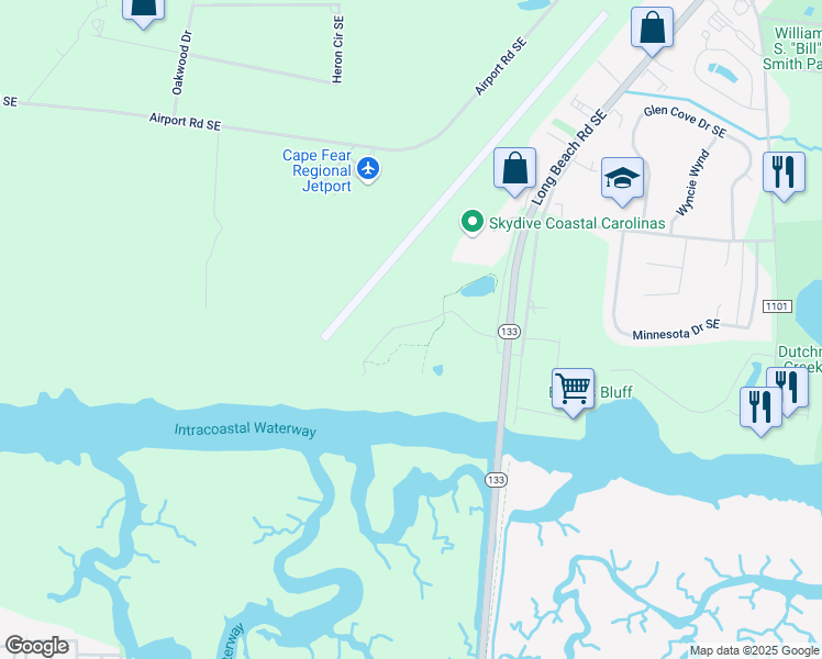 map of restaurants, bars, coffee shops, grocery stores, and more near 2100 Marsh Grove Lane in Southport
