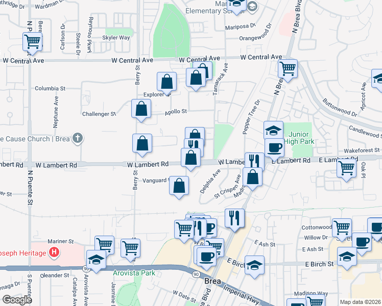map of restaurants, bars, coffee shops, grocery stores, and more near 505 West Lambert Road in Brea