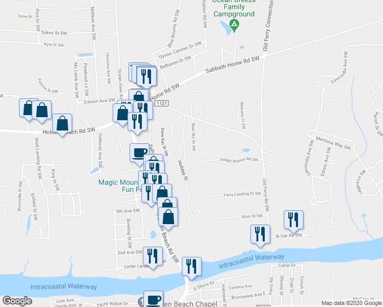 map of restaurants, bars, coffee shops, grocery stores, and more near 2933 Blue Sky Drive Southwest in Brunswick County