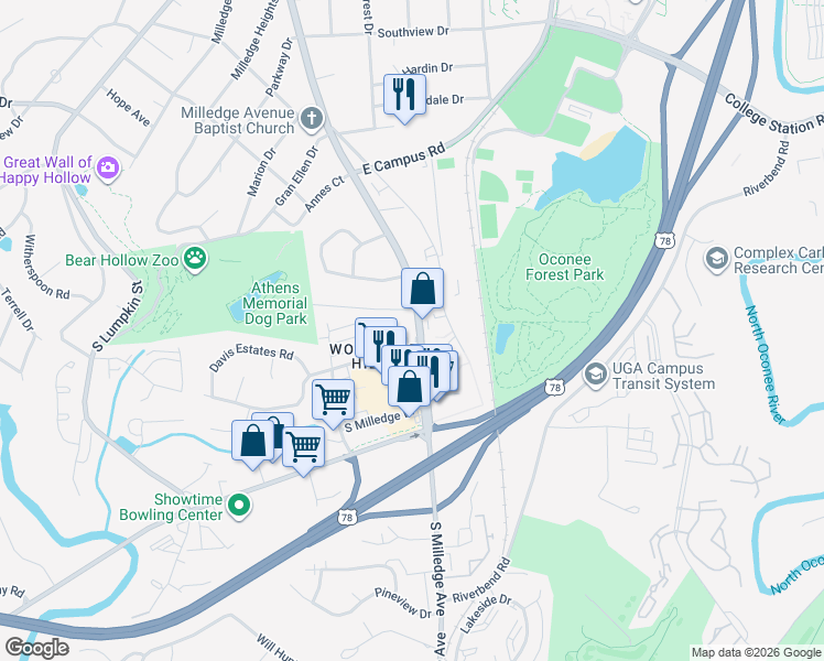map of restaurants, bars, coffee shops, grocery stores, and more near 2018 South Milledge Avenue in Athens