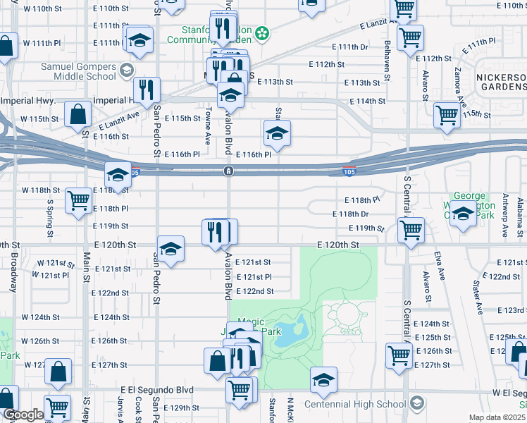 map of restaurants, bars, coffee shops, grocery stores, and more near 638 East 118th Place in Los Angeles