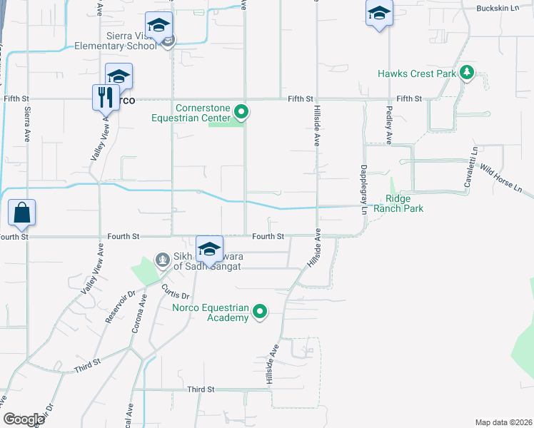 map of restaurants, bars, coffee shops, grocery stores, and more near 3016 Ponderosa Lane in Norco