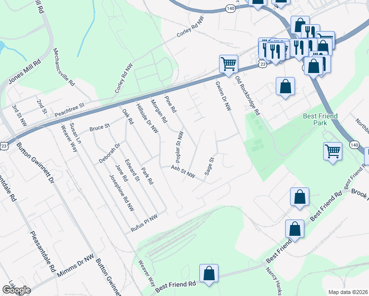 map of restaurants, bars, coffee shops, grocery stores, and more near 5867 Poplar Street Northwest in Doraville
