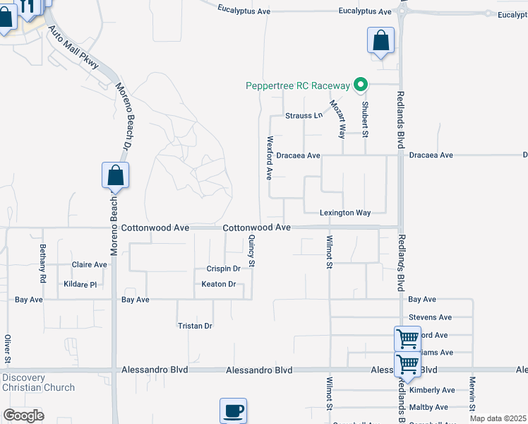 map of restaurants, bars, coffee shops, grocery stores, and more near 28590 Celebrity Court in Moreno Valley