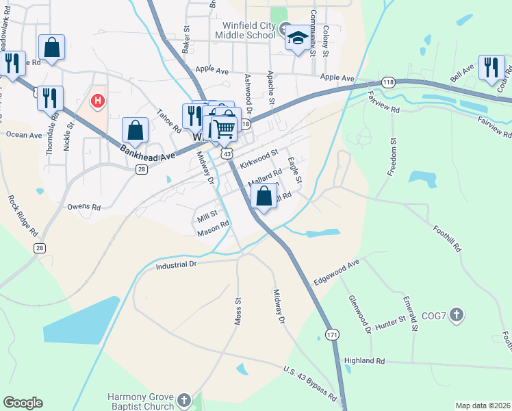 map of restaurants, bars, coffee shops, grocery stores, and more near 734 U.S. 43 in Winfield