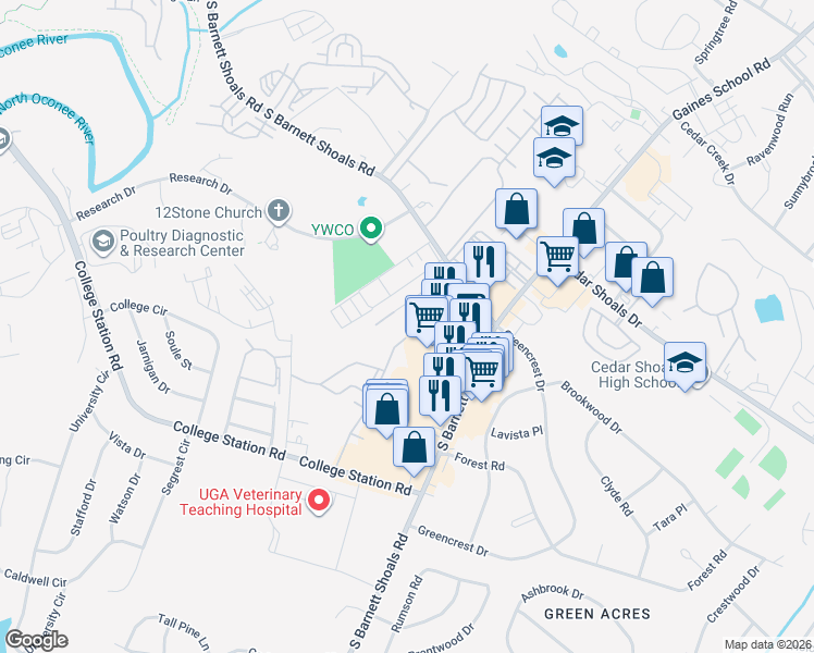 map of restaurants, bars, coffee shops, grocery stores, and more near 165 Dennis Drive in Athens