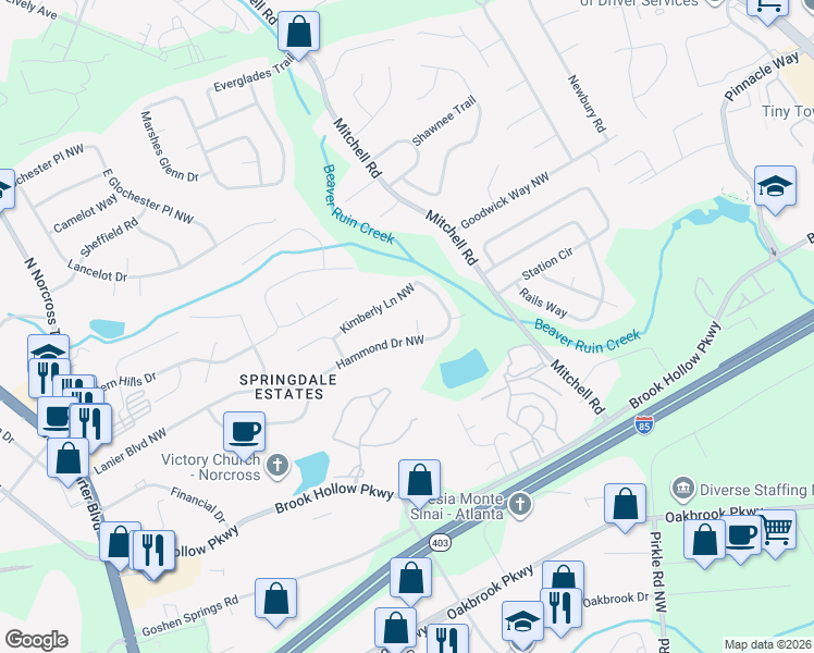 map of restaurants, bars, coffee shops, grocery stores, and more near 2057 Lanier Terrace Northwest in Norcross