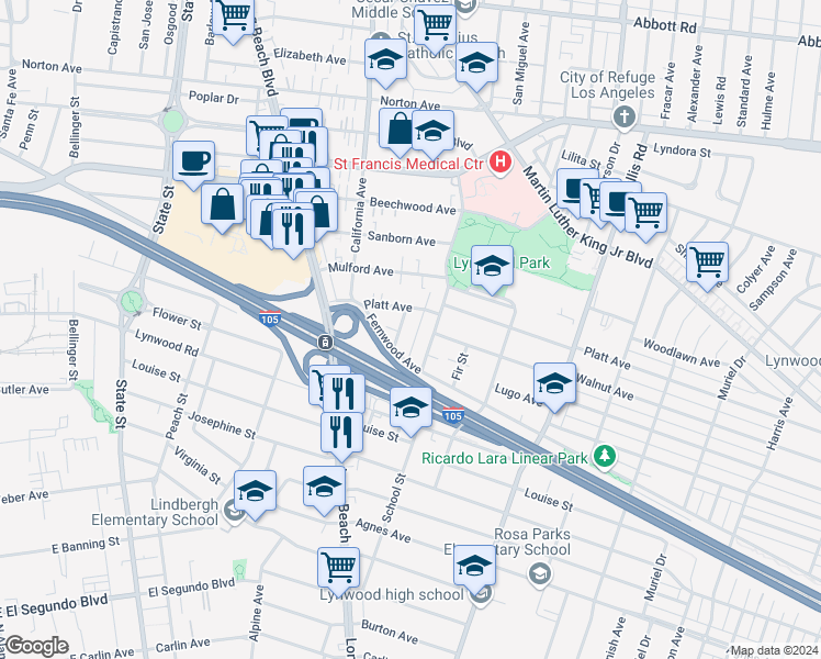 map of restaurants, bars, coffee shops, grocery stores, and more near 11464 Copeland Street in Lynwood