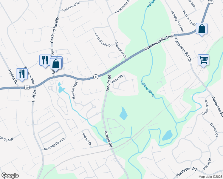 map of restaurants, bars, coffee shops, grocery stores, and more near 112 Meeting Place Road in Lawrenceville