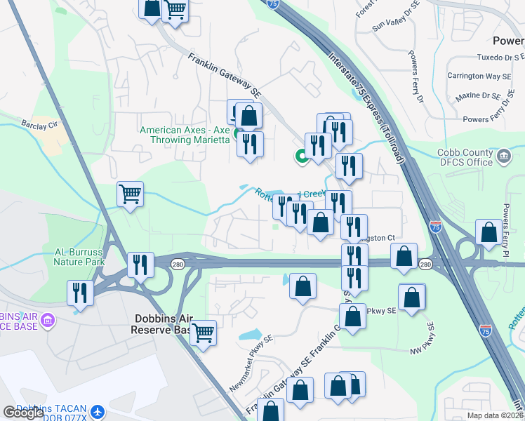 map of restaurants, bars, coffee shops, grocery stores, and more near 1193 Ashborough Drive in Marietta
