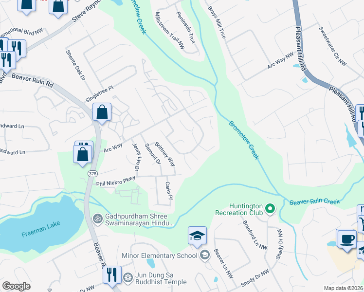 map of restaurants, bars, coffee shops, grocery stores, and more near 4010 Liberty Hill Drive in Norcross