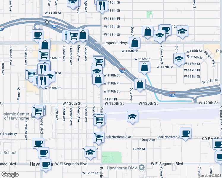 map of restaurants, bars, coffee shops, grocery stores, and more near 3919 West 119th Street in Hawthorne