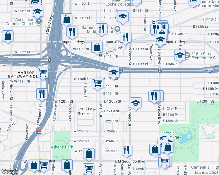 map of restaurants, bars, coffee shops, grocery stores, and more near 134 East 118th Place in Los Angeles