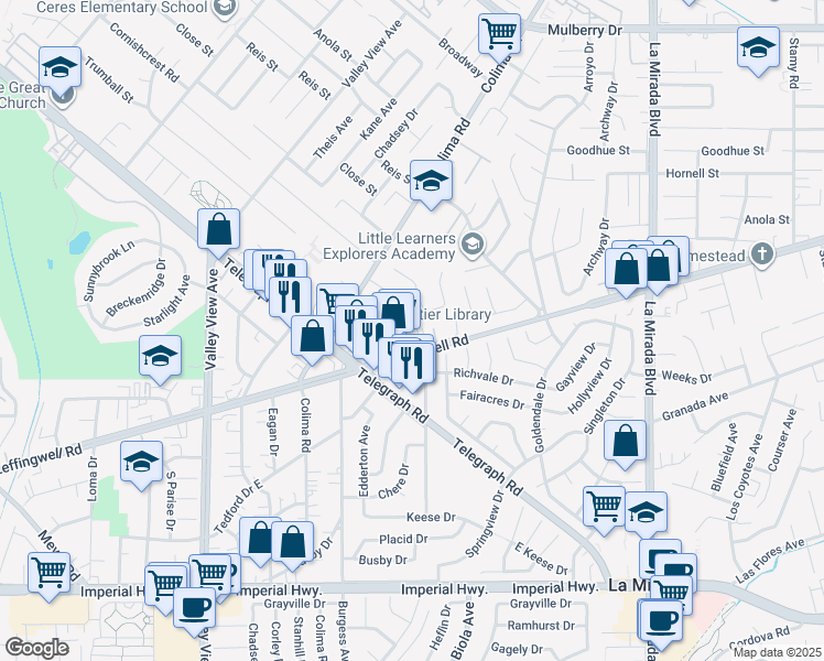 map of restaurants, bars, coffee shops, grocery stores, and more near 11518 Obert Avenue in Whittier