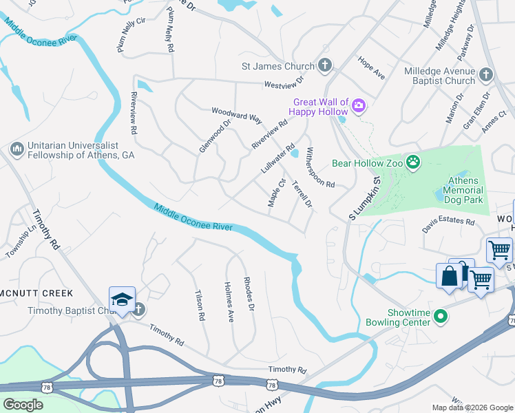 map of restaurants, bars, coffee shops, grocery stores, and more near 335 Duncan Springs Road in Athens