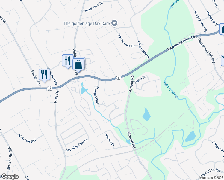 map of restaurants, bars, coffee shops, grocery stores, and more near 159 Sonya Mill Court Northwest in Lawrenceville