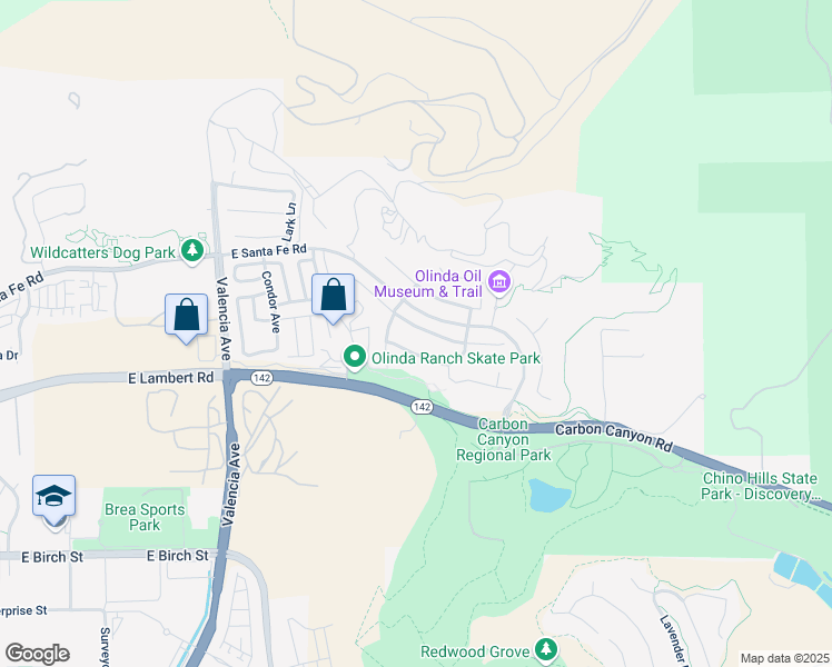 map of restaurants, bars, coffee shops, grocery stores, and more near 3949 Grandview Drive in Brea