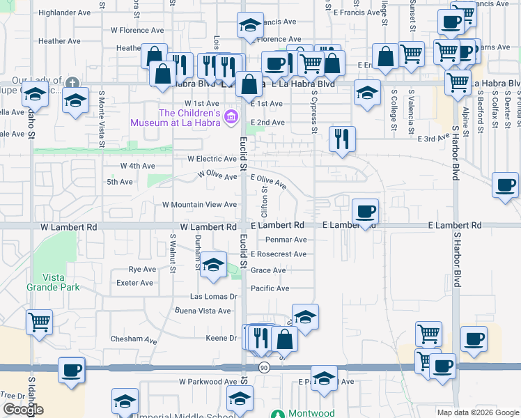 map of restaurants, bars, coffee shops, grocery stores, and more near 611 Clifton St in La Habra