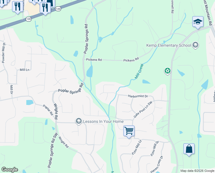 map of restaurants, bars, coffee shops, grocery stores, and more near 5709 Hatchery Way Northwest in Powder Springs