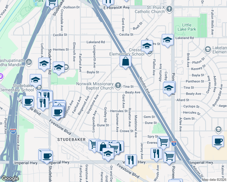map of restaurants, bars, coffee shops, grocery stores, and more near 11728 Orr and Day Rd in Norwalk