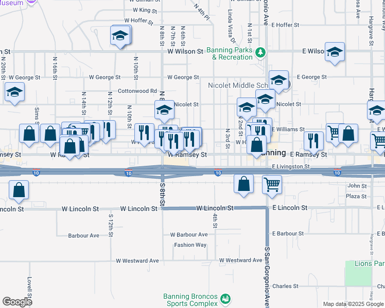 map of restaurants, bars, coffee shops, grocery stores, and more near 571 W Ramsey St in Banning