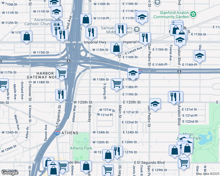 map of restaurants, bars, coffee shops, grocery stores, and more near 136 1/2 West 118th Place in Los Angeles