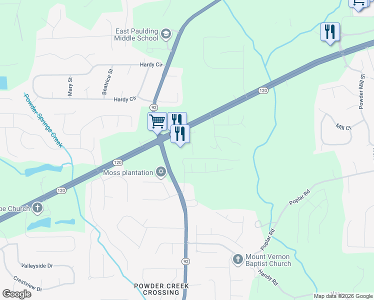 map of restaurants, bars, coffee shops, grocery stores, and more near 2400 Hiram Acworth Highway in Dallas