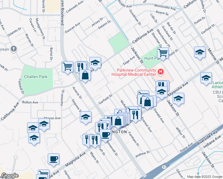 map of restaurants, bars, coffee shops, grocery stores, and more near 4031 Macarthur Road in Riverside