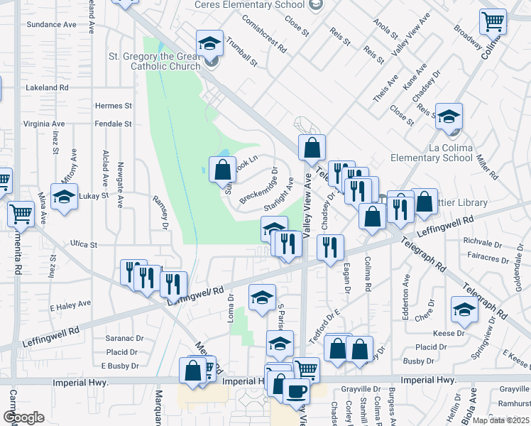 map of restaurants, bars, coffee shops, grocery stores, and more near 11624 Starlight Avenue in Whittier