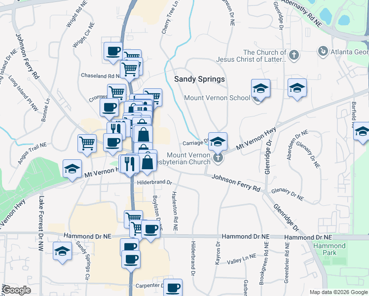 map of restaurants, bars, coffee shops, grocery stores, and more near 6239 Hunting Creek Road Northeast in Atlanta