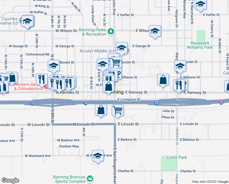 map of restaurants, bars, coffee shops, grocery stores, and more near in Banning