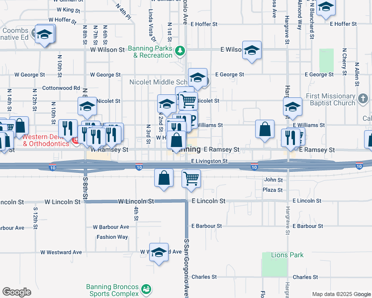 map of restaurants, bars, coffee shops, grocery stores, and more near 501 West Ramsey Street in Banning
