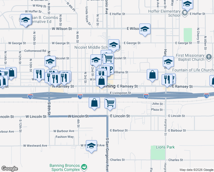 map of restaurants, bars, coffee shops, grocery stores, and more near in Banning