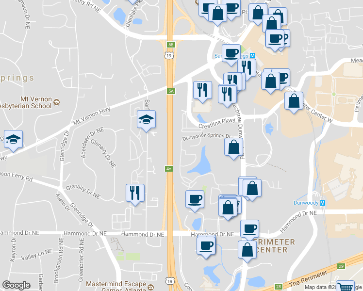 map of restaurants, bars, coffee shops, grocery stores, and more near 33 Dunwoody Springs Drive in Atlanta