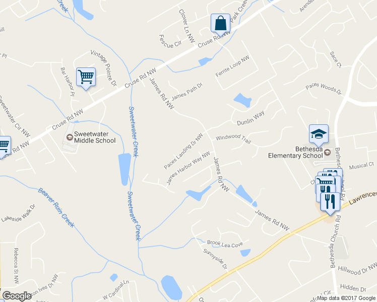 map of restaurants, bars, coffee shops, grocery stores, and more near 3280 Paces Landing Drive in Lawrenceville