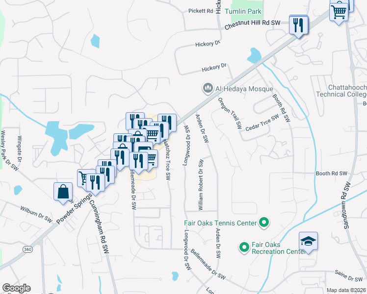 map of restaurants, bars, coffee shops, grocery stores, and more near 1126 Longwood Drive Southwest in Marietta