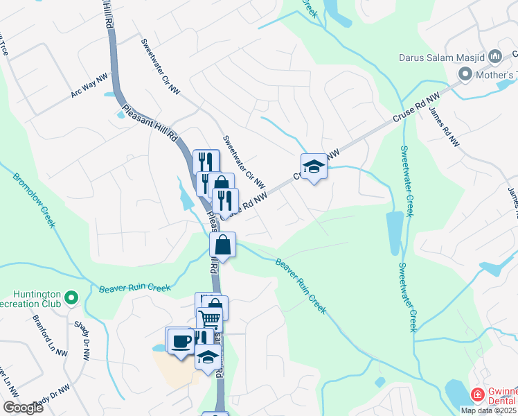 map of restaurants, bars, coffee shops, grocery stores, and more near 884 Cainbridge Drive in Lawrenceville