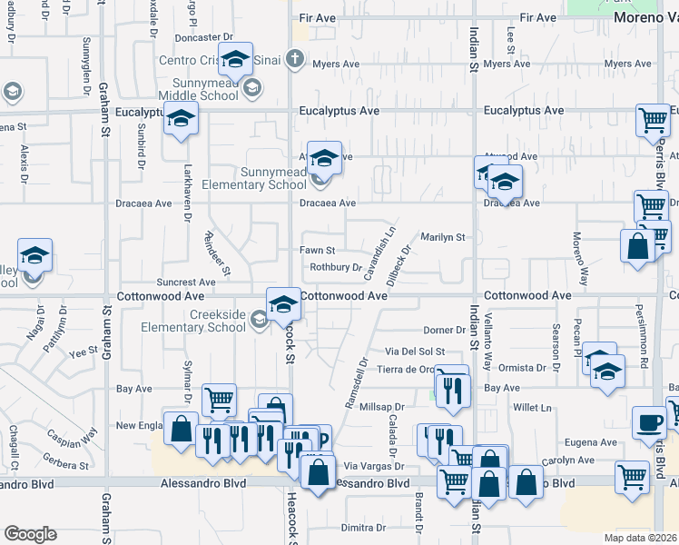 map of restaurants, bars, coffee shops, grocery stores, and more near 24149 Rothbury Drive in Moreno Valley