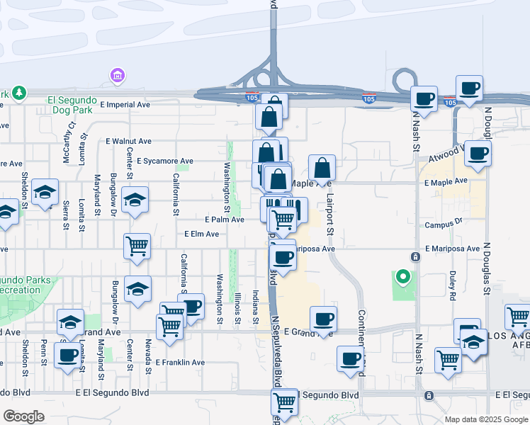 map of restaurants, bars, coffee shops, grocery stores, and more near 703 North Pacific Coast Highway in El Segundo