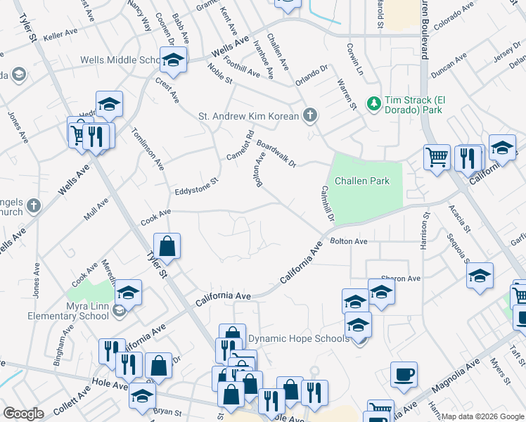 map of restaurants, bars, coffee shops, grocery stores, and more near 9910 Cook Avenue in Riverside