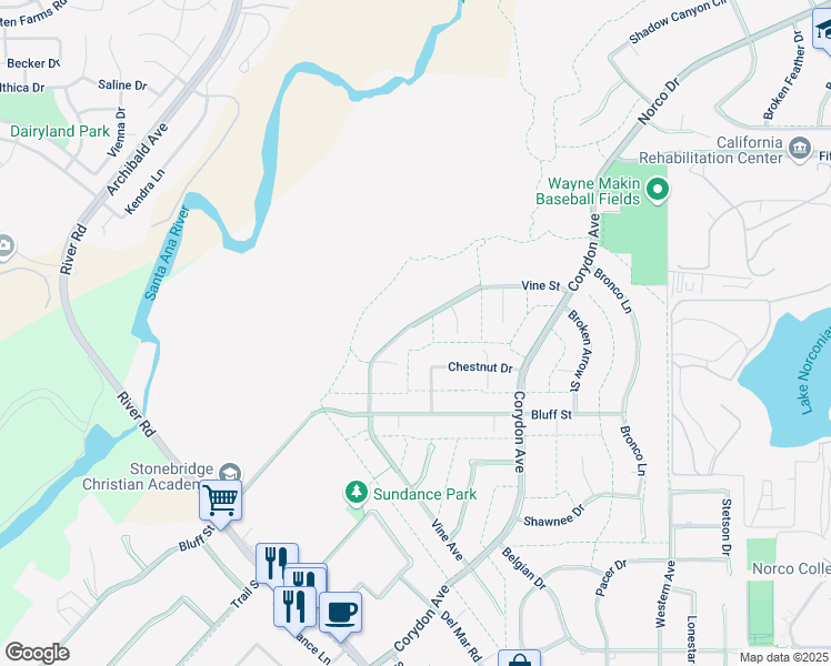 map of restaurants, bars, coffee shops, grocery stores, and more near 3820 Vine Street in Norco