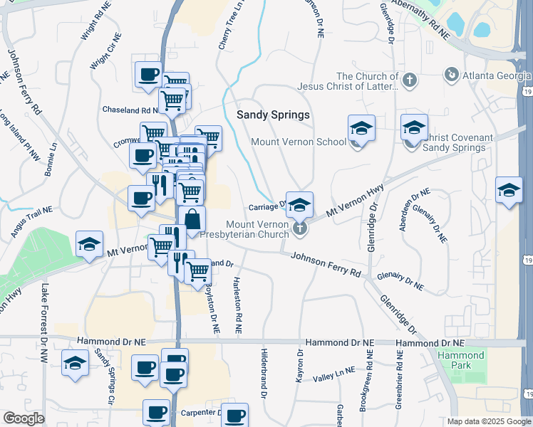 map of restaurants, bars, coffee shops, grocery stores, and more near 411 Carriage Drive Northeast in Atlanta