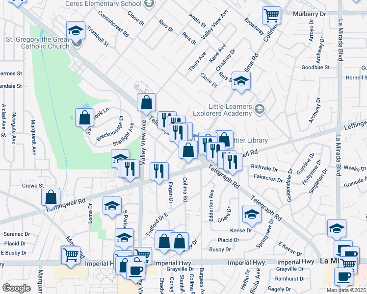 map of restaurants, bars, coffee shops, grocery stores, and more near 11616 Corley Drive in Whittier
