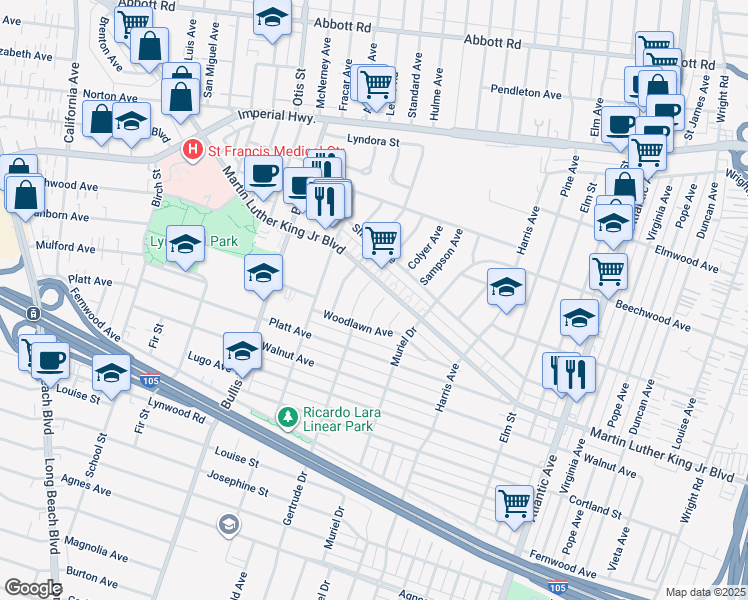 map of restaurants, bars, coffee shops, grocery stores, and more near 11309 Cornish Avenue in Lynwood