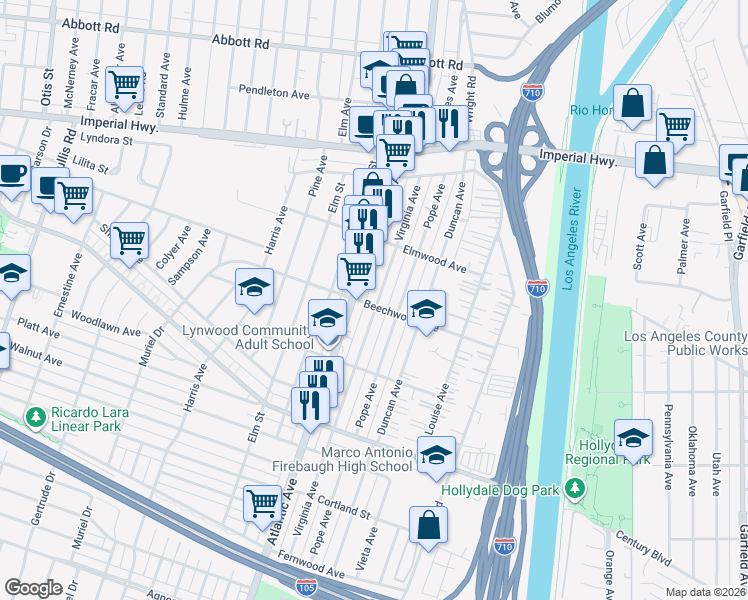 map of restaurants, bars, coffee shops, grocery stores, and more near 11175 Virginia Avenue in Lynwood