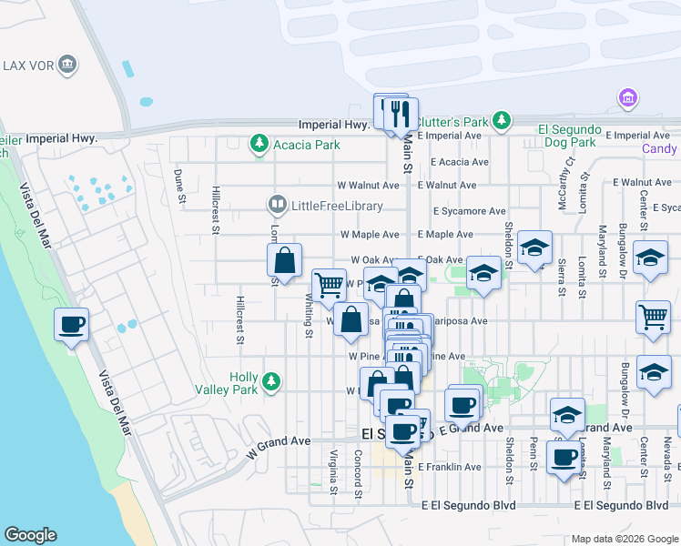 map of restaurants, bars, coffee shops, grocery stores, and more near 712 Virginia Street in El Segundo