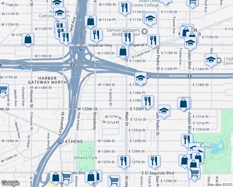 map of restaurants, bars, coffee shops, grocery stores, and more near 134 1/2 West 118th Place in Los Angeles